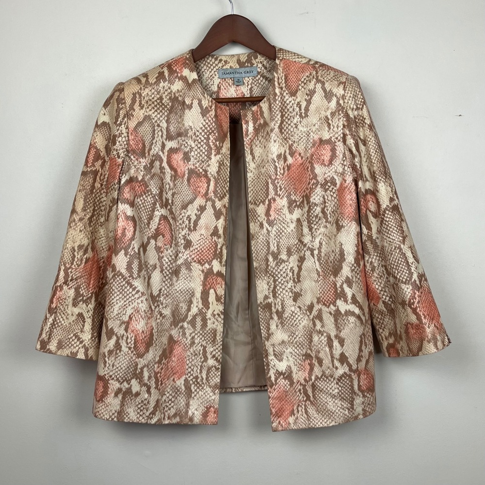 Samantha Grey Snakeskin Print Open Front Jacket 10 Pink Mob Wife Avant Garde